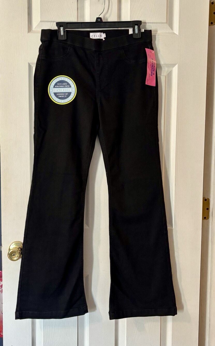 Cello L Black Jeans Large 30” Inseam Boot Flare NWT Mid Rise Stretch Elastic Wai